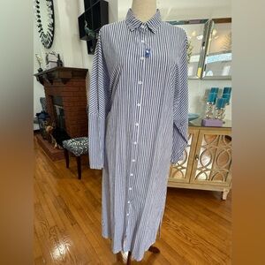 Casual Long Sleeve Button Down Striped Cotton Maxi Shirt Dress Loose Fit